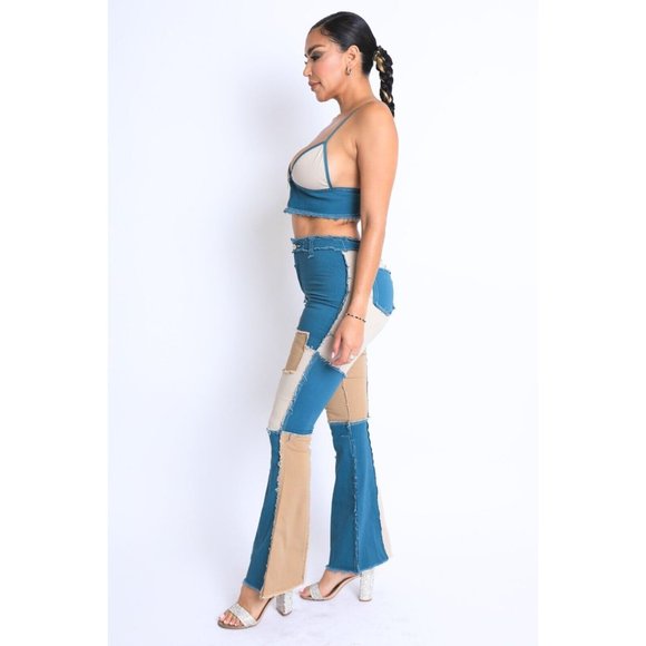 Women's Colorblock Patchwork Cop Top And Matching Pants 2 Piece Set Club Party - Picture 4 of 11